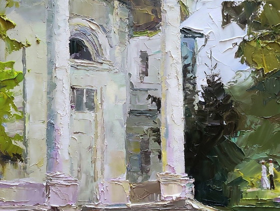 Image 1 of Original Oil Painting Cityscape Architecture Park White Administration Building