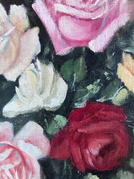 Image 1 of Peinture à l'huile originale vintage représentant des roses, signée.