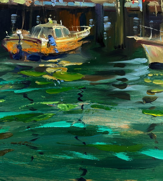 Image 1 of Original Oil Painting Evening Coastal Landscape Yachts in the sea under the gentle sun