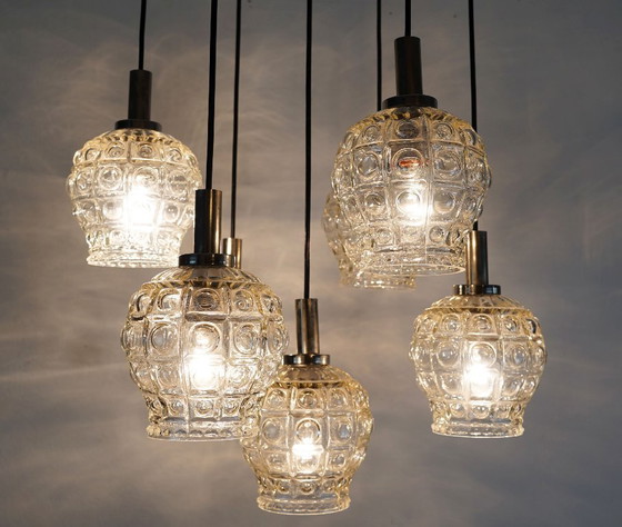 Image 1 of mid-century cascade PENDANT LIGHT - 7 shades - bubble glass and chrome - 1960s/1970s