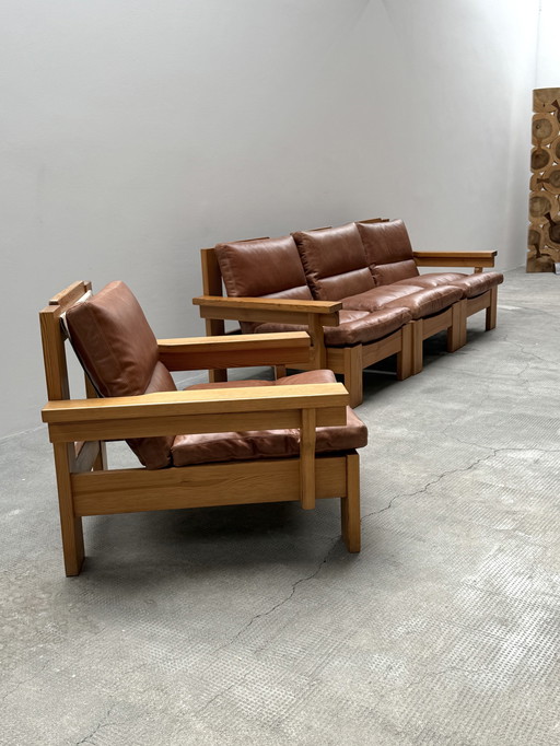 MODULAR SESSEL SOFA SER KIEFERN HOLZ MASSIV COGNAC LEDER IM KARIN MOBRING STIL, SKANDINAVIEN 1970er