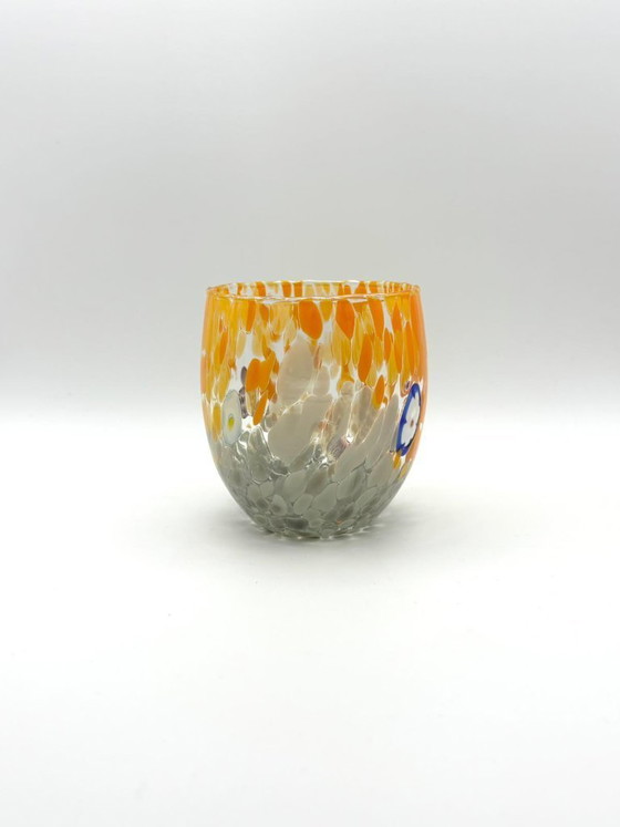 Image 1 of Set van 6 Venetiaanse glazen van geblazen glas met Murano-effect (murrine) in het glas verwerkt, handgemaakt in Italië.