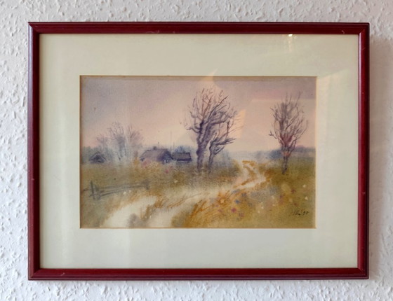 Image 1 of Acquerello vintage firmato di campagna francese | Sentiero rurale e alberi spogli | JK, 1997