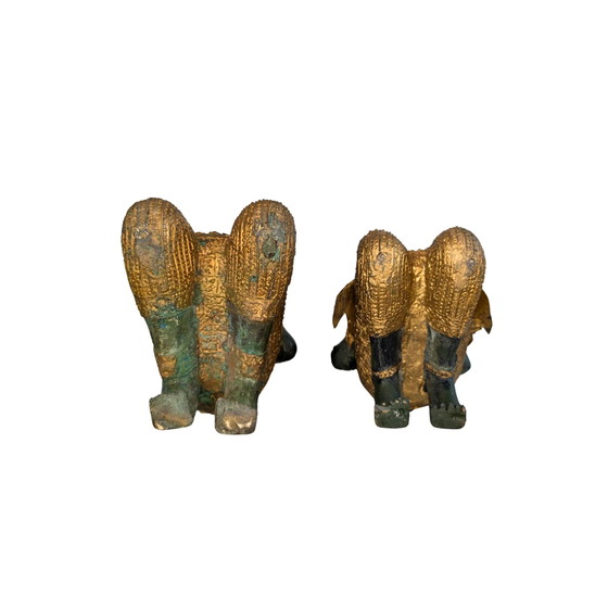 Thaise Bronzen Tempelwachter Set – Knielende Thepanom Beelden met Vergulding en Patina – Beeldhouwkunst (photo 8 of 8)