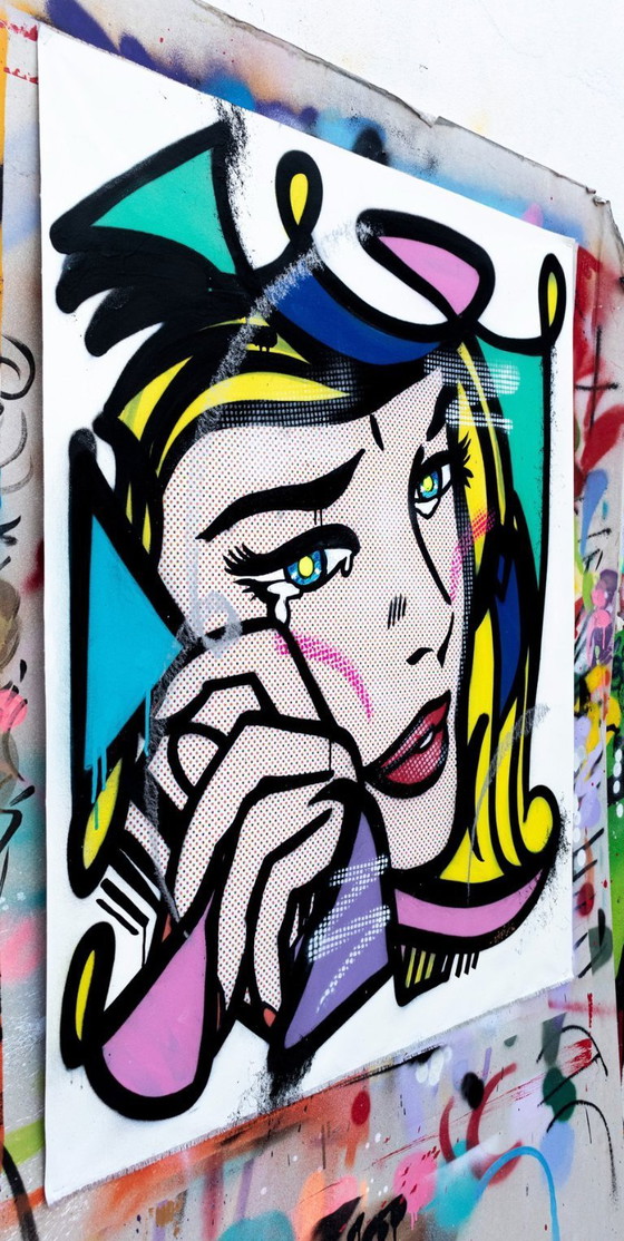 Image 1 of UTOPÍA - Niña llorando - Pintura de bellas artes enmarcada sobre papel