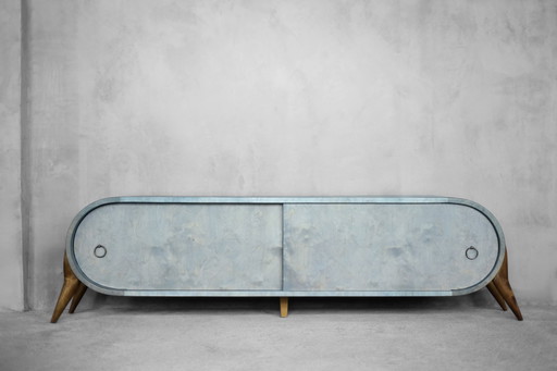 Vintage Mid-Century Italian Modern Turquoise Streamline Sideboard in Birch, 1960s
