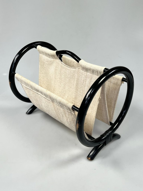 Image 1 of Leggio rotondo vintage / portariviste, rattan nero, anni '70