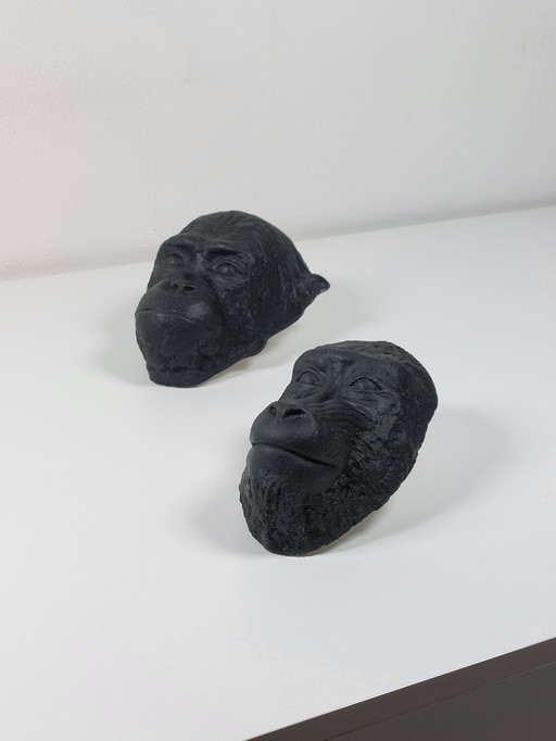 Paire de masques mortuaires rares en plâtre, chimpanzé, mandrill, cabinet de curiosités