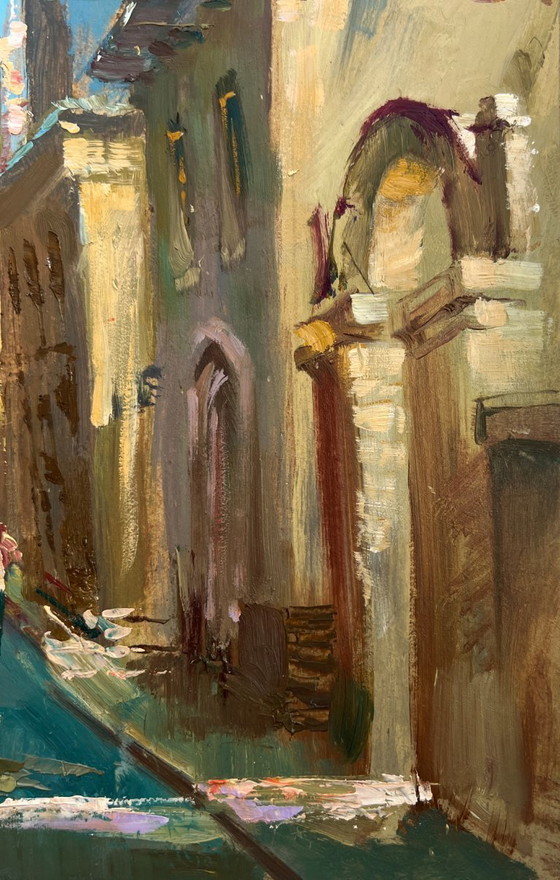 Image 1 of Dipinto ad olio originale, paesaggio urbano diurno. Persone che camminano per strada.