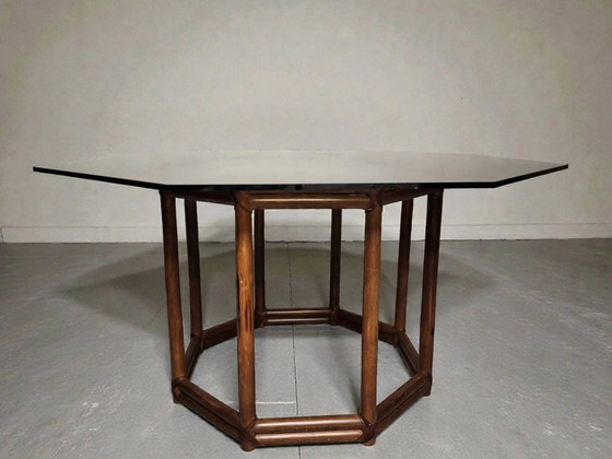 Bamboo-style wooden table with smoked glass top, 1970s – Dining tables (photo 3 of 8)