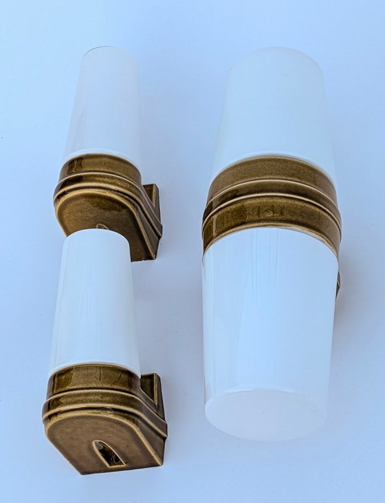 Image 1 of Mid-Century Matching Set of 3 Ochre Porcelain Wall Sconces (Models 6065 & 6080) by Sigvard Bernadotte for Ifö – 1960s