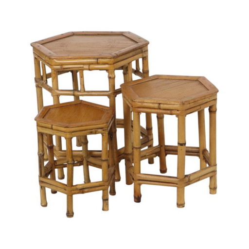 Vintage Set aus 3 Beistelltischen aus Bambus und Rattan, stapelbar, Boho-Stil – bijzettafels, Bamboo