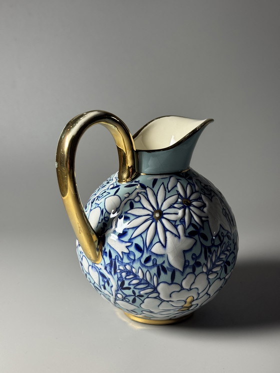 Image 1 of Boch Frères Keramis Art Deco Floral Pitcher by Raymond Chevalier, Belgium, 1930s