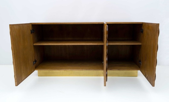 Image 1 of Brutalist Italian Chestnut Wood and Brass Bar Cabinet, 1970s