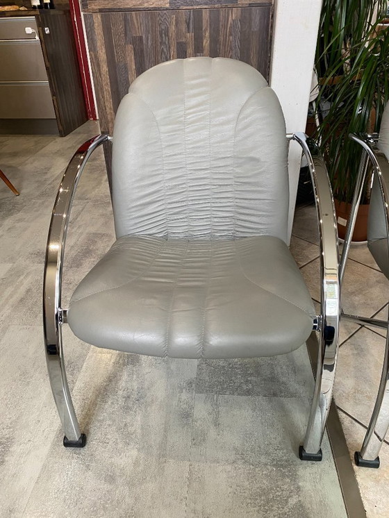 Image 1 of Pareja de sillones plegables Souvignet en cuero cromado gris, 1980