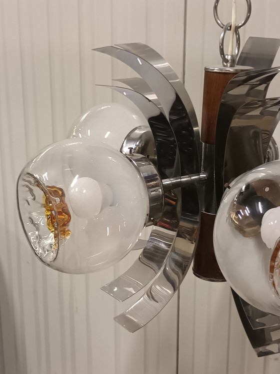 Space Age Chandelier, Murano Glass & Chrome, 70s, Mazzega, Metal, Silver (photo 6 of 15)