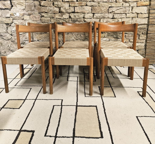 Set di 6 sedie in teak, anni '60, con cinghie elastiche
