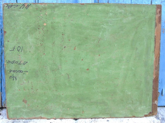 Image 1 of Origineel vintage olieverfschilderij "Nu Couché" Expressionistische liggende naaktfiguur op paneel