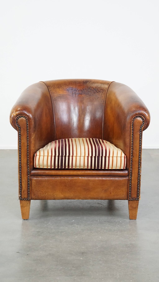 Vintage Cognac-Kleurige Clubfauteuil Gemaakt van Schapenleer