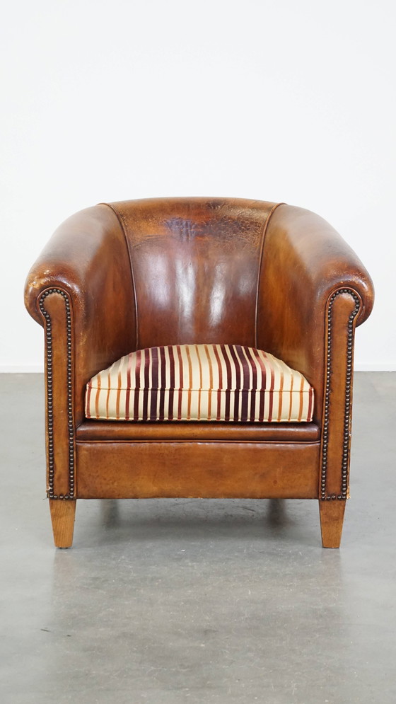 Image 1 of Vintage Cognac-Kleurige Clubfauteuil Gemaakt van Schapenleer