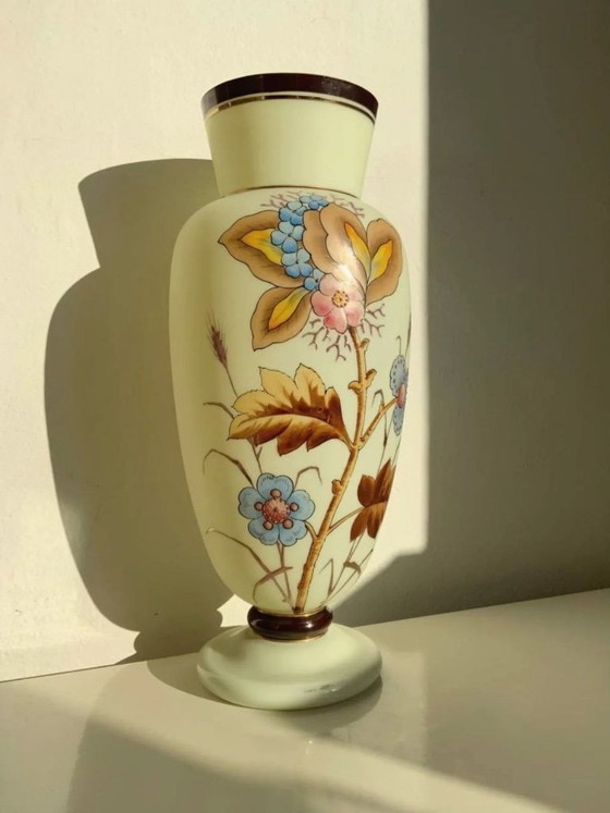 Image 1 of Antique Bohemian Art Nouveau Uranium Satin Glass Vase - Harrach - c. 1900