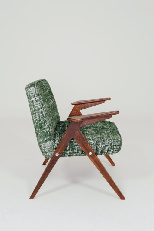 Skandinavischer grüner Loungesessel Vintage-Design Boho-Polsterung Melange-Stoff, 1960, Polen
