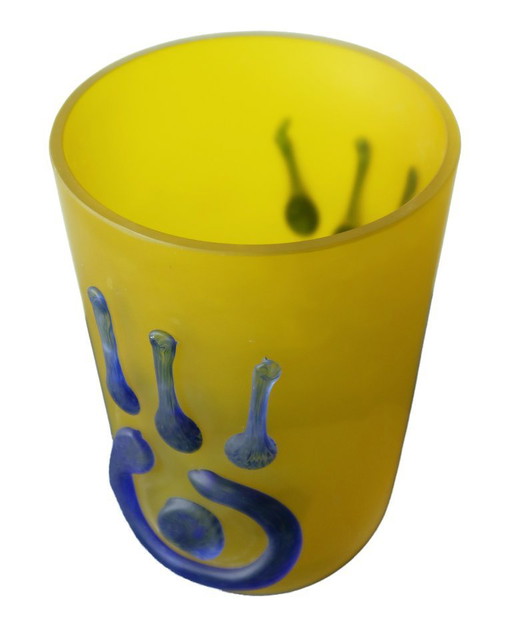 Matte glass vase, blue/yellow