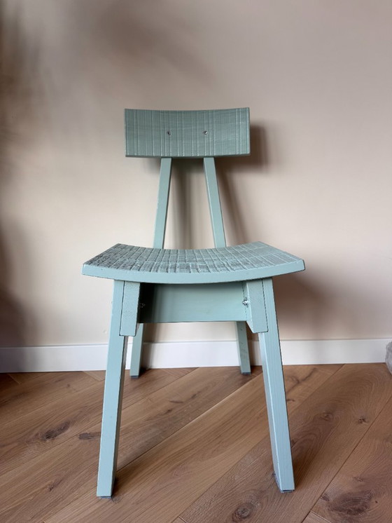 Image 1 of Piet Hein Eek × IKEA – Ensemble rare de 6 chaises de salle à manger | moutarde / turquoise / gris