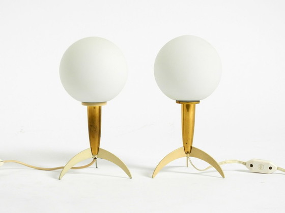 Image 1 of Two Mid-Century Modern rocket table lamps in brass and glass