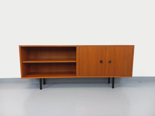 Scandinavian modernist style enfilade bookcase storage unit in teak and black metal from the 60s