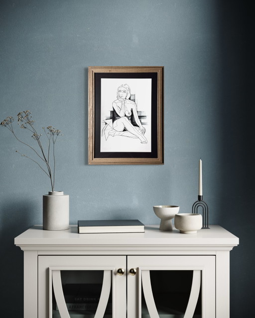 Eugène Eechaut (1928-2019) - Framed Art Work, Ink, 1980s – schilderijen tekeningen, Glass, Paper (photo 2 of 15)