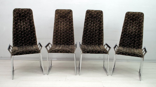 Set van 4 Mid Century Moderne Italiaanse Verchroomd Staal en Fluwelen Eetkamerstoelen 1970