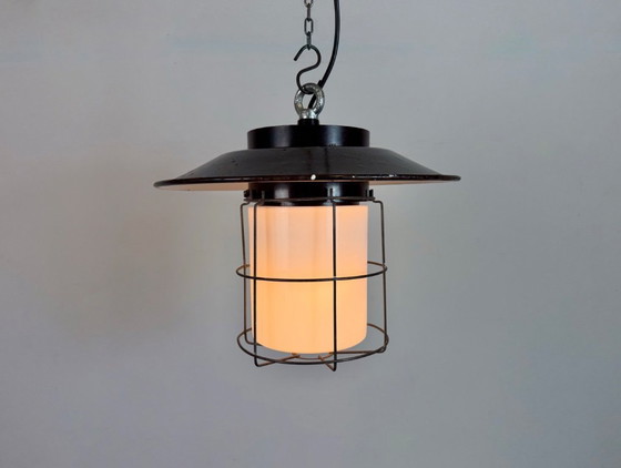 Image 1 of Industrial Grey Enamel Cage Pendant Lamp, 1960s