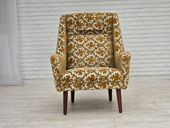 Fauteuil danois à dossier haut des années 1970, tissu d'ameublement marron/beige, bois de teck. – Textile (photo 5 of 13)