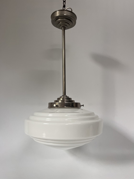 Image 1 of Lampada da soffitto vintage gispen lampada da sala in vetro bianco a pendolo cromo