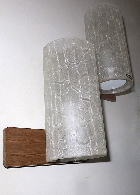Image 1 of Pair of Doria Frosted Crackled Glass and Teak Wall Lights, 1960s