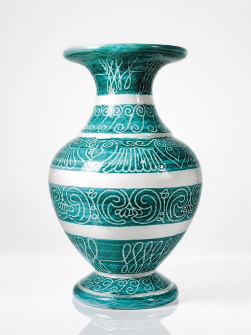 Large vintage baluster vase in turquoise ceramic with incised decoration