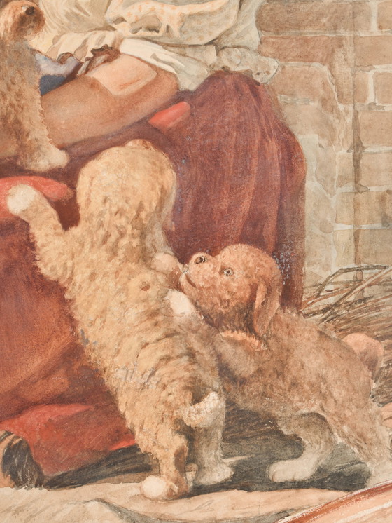 Image 1 of Bernard Blommers (1845-1914) - Moederhond en meisje spelen met puppies -  Aquarel - 75 x 94 cm - afmetingen aquarel 56 x 72 cm