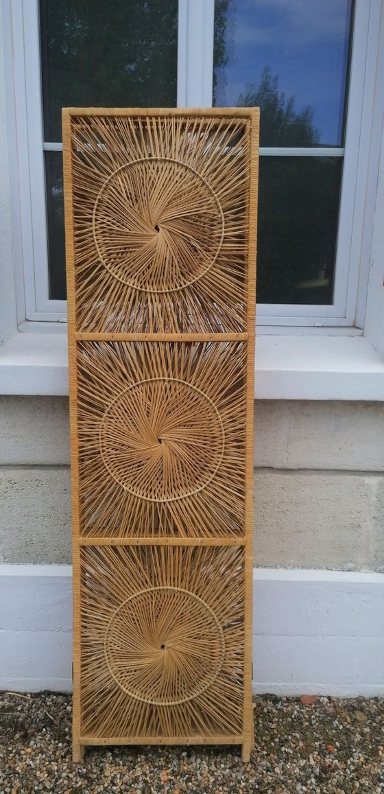 3-panel folding rattan, bamboo, and wood screen, Room screens, Brown, Vintage (photo 14 of 14)