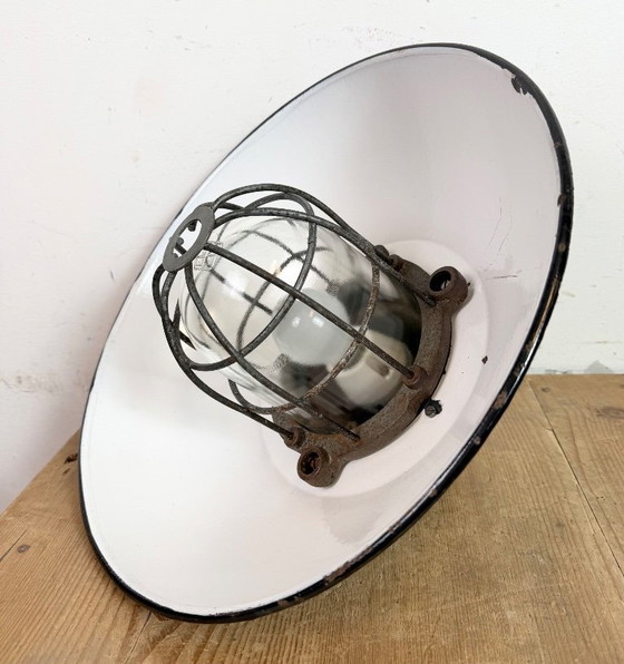 Image 1 of Black Enamel and Cast Iron Industrial Cage Pendant Light, 1960s