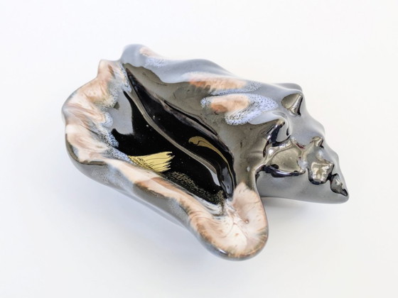 Image 1 of 1960s Vallauris Style Seashell Dish, Midcentury Fat Lava Glaze, Black and Blue