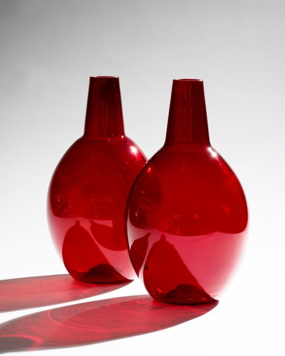 Image 1 of Hirschberg “Kalabasse” Ruby Red Sculptural Glass Vase Duo Wilhelm Braun-Feldweg