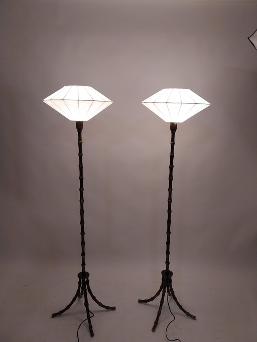 1 x set of 2 faux bamboo metal floor lamps with ELGO cocoon shades. 1970s