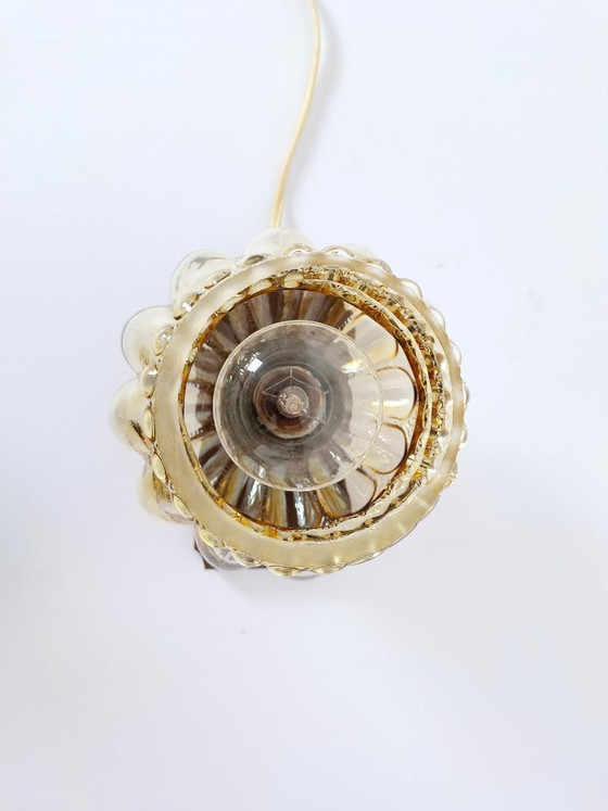 Image 1 of Mid Century Amber Glass Table Lamp / Retro Wood Brass Nightstand Light / 1970s Bubble Glass Desk Fixture / Vintage Small Lantern