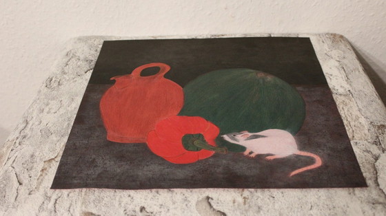 Image 1 of Artist's painting: interesting still life with a rat as the main subject among melon, pepper and water jug, unique piece
