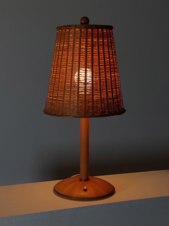 Image 1 of Vintage Temde wood brass 1950s table lamp basket shade