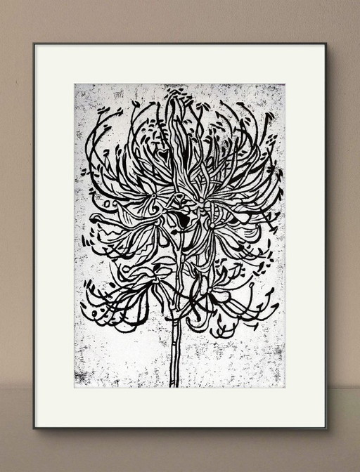 Linogravure Spider Lily - Impression botanique blanc sur noir