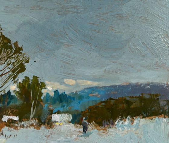 Image 1 of Origineel olieverfschilderij: Winterlandschap, winterse schemering