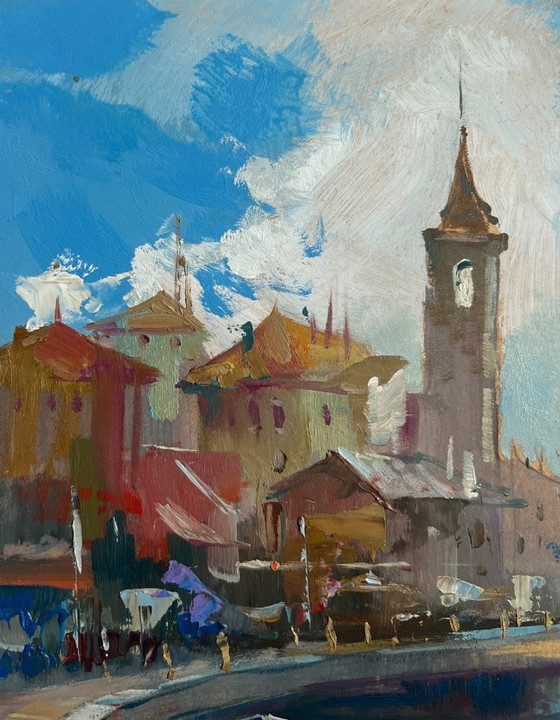 Image 1 of Dipinto a olio originale raffigurante un paesaggio urbano costiero con un porto cittadino affollato.