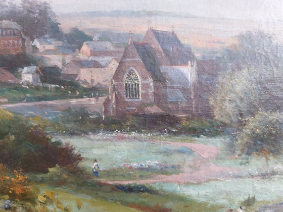 Image 1 of Paysage de village rural avec église - Henri Marcette (1824–1890)